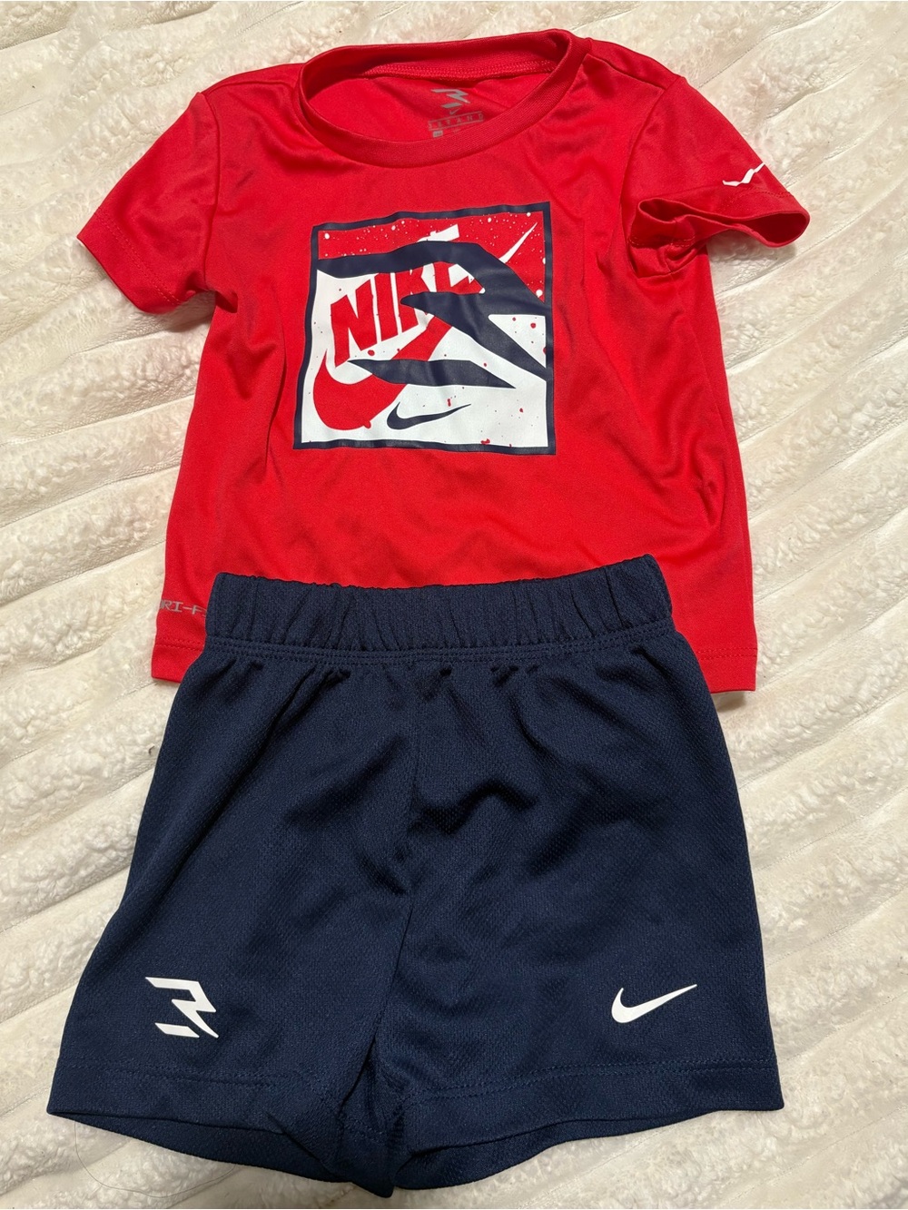 Nike Kid’s Red Graphic Tee with Navy Athletic Shorts